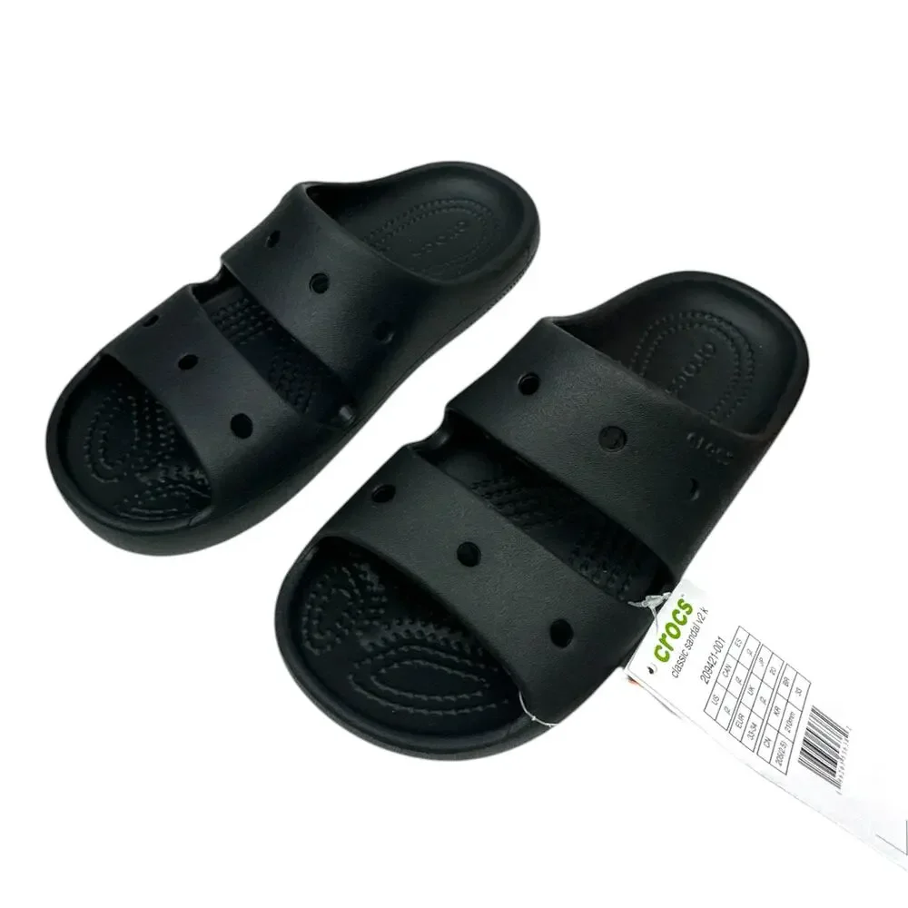 Crocs Classic Sandal Kids J2 Black Two-Strap Slide Sandal 209421-001 NWT
